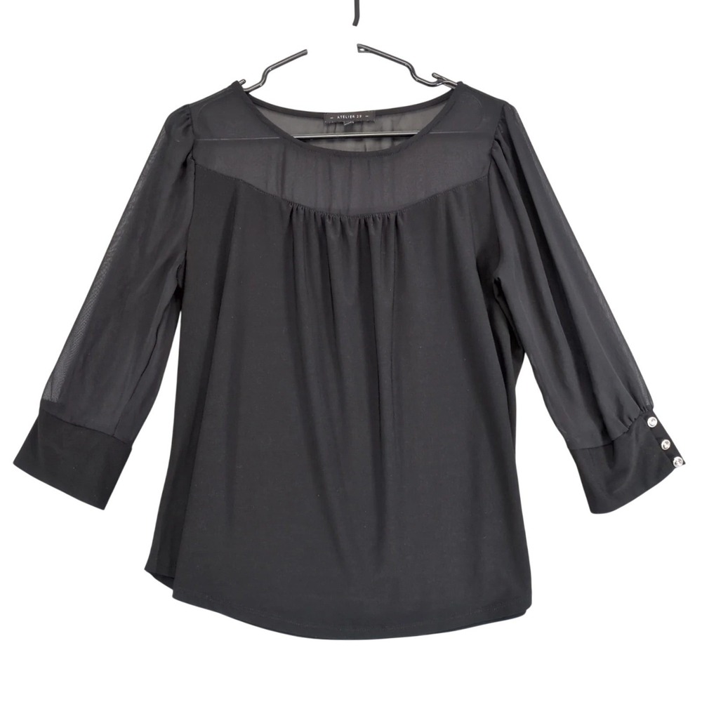 Atelier 29 Black Sheer Sleeves Blouse Womens M Rhinestone Button Cuffs Goth Chic